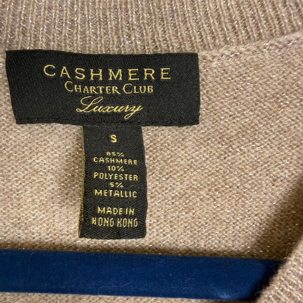 Charter Club Cashmere V-Neck Sweater Womens S Champagne Gold Minimalist Shimmer - Picture 2 of 8
